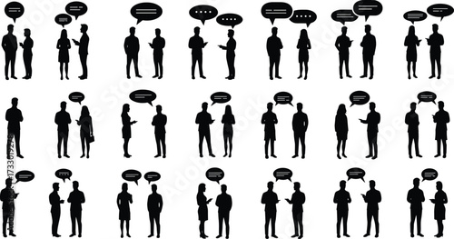 Conversation silhouettes, speech bubbles, people talking, black icons, white background, dialogue scenes, communication concept, interaction, discussion, social behavior