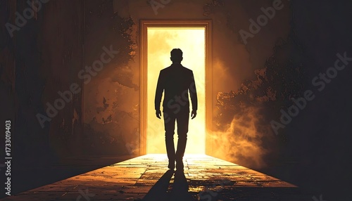 Silhouette figure walking toward a golden doorway in a dilapidated room
