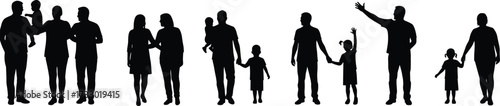 Family interaction silhouette set, parenting moments, caregiving poses, black vector art, love, unity, support, adult child bond, connection