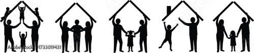 Family silhouette under roof, home protection concept, parents and children, togetherness, love, unity, black vector art, safe shelter