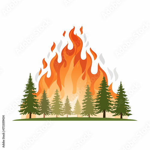 A dramatic wildfire consumes a forest landscape. Intense flames and smoke rise against a silhouette of trees. Evokes power and natural disaster.
