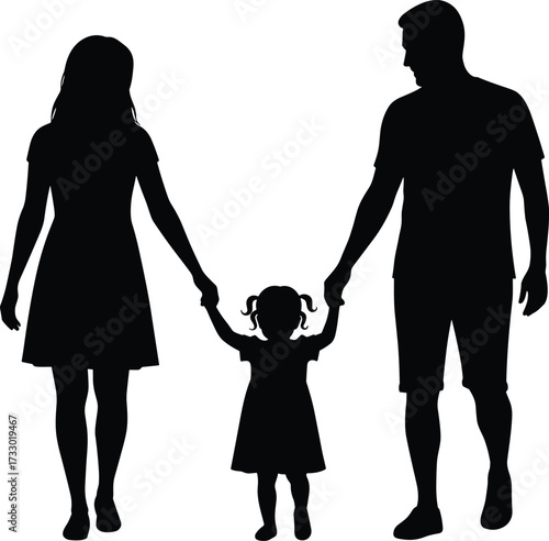 Family silhouettes, parents with child, holding hands, black icons, white background, unity, love, care, bonding, togetherness, support