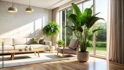 Serene Living Space with Lush Greenery and Natural Light Decorating the Interior