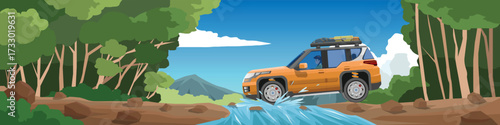 Traveling of car with driving man in the forest. 4x4 vehicle is driving through a small stream and the water splashes. Stream flowing through the ground with a forest. Under mountain and blue sky.