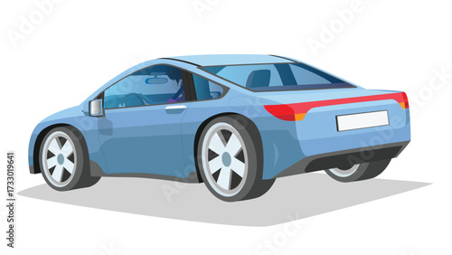 Perspective of blue sport car. View from back to front car. Can view inside car with driving man. Isolated white background.