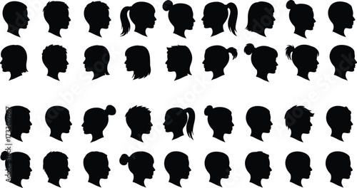 Human head silhouette set, diverse hairstyle profiles, black vector icons, people avatar grid, demographic diversity, hairstyle reference, design elements, illustration pack