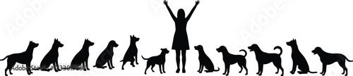 Person with dogs silhouettes, pet poses, black icons, white background, training scene, companionship, motion, symmetry, canine interaction, control