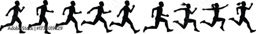Running silhouettes, motion sequence, human biomechanics, black icons, white background, athletic pose, ponytail figure, sports science, movement, physical activity