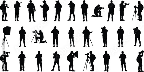 Photography silhouettes, camera poses, tripod setup, lighting gear, black icons, white background, photographers in action, travel, hobby, equipment