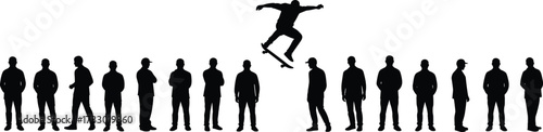Skateboard trick silhouette, airborne figure, black vector icons, standing people, dynamic motion, individuality concept, ollie pose, white background, sport art