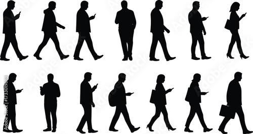 Smartphone user silhouette set, walking standing poses, mobile device interaction, black vector icons, modern lifestyle, technology behavior design