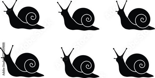 Snail silhouettes, spiral shell icons, black vector design, crawling motion, symmetrical layout, nature art, mollusk shapes, biology reference, garden creature