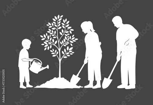 Tree planting silhouettes, family teamwork, child watering, black icons, white background, nature care, environmental action, gardening, growth, community effort
