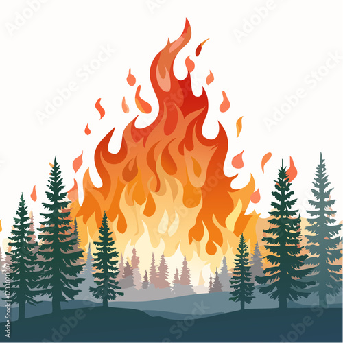A dramatic wildfire consumes a forest landscape. Intense flames and smoke rise against a silhouette of trees. Evokes power and natural disaster.