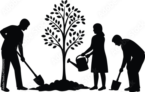 Tree planting teamwork silhouette, environmental care, black vector art, sustainability, watering, digging, nature conservation, community effort, green action, ecology