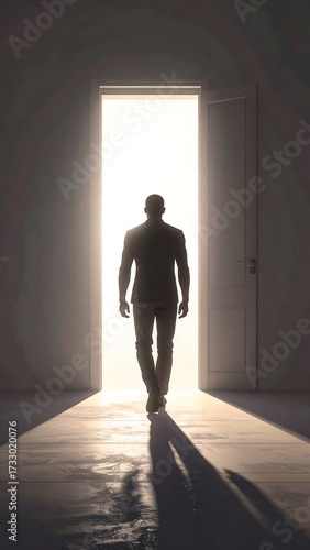 Silhouette figure walks through open door into bright light