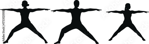 Yoga warrior pose silhouette set, Virabhadrasana II posture, black vector icons, strength balance alignment, fitness concentration design