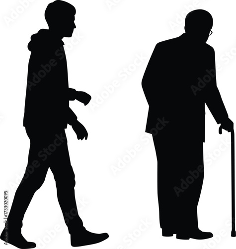 Young and elderly walking silhouettes, cane support, black vector icons, age contrast, casual outfit, long coat, white background, care concept