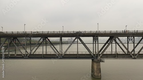 Aerial view of Hangzhou dual-purpose bridge, carrying both railway and highway across the river.China. High quality 4k footage