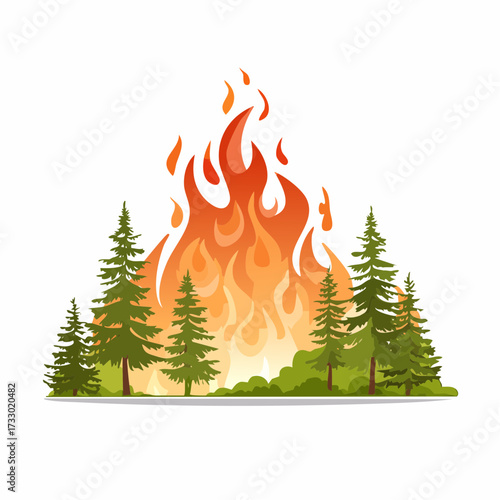 A dramatic wildfire consumes a forest landscape. Intense flames and smoke rise against a silhouette of trees. Evokes power and natural disaster.