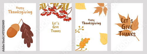 Thanksgiving poster set with festive autumn design. For holiday decoration marketing material social media post and seasonal invitation. Vector illustration