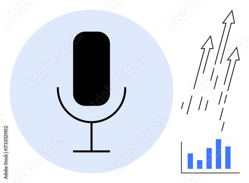 Microphone symbol paired with upward arrows and bar chart showing progress and innovation. Ideal for audio technology, communication, growth, podcasting, analytics, performance, progress as simple