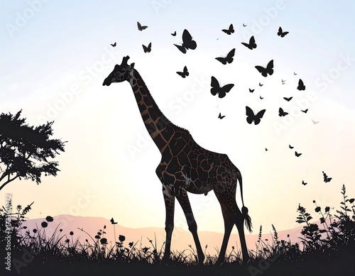Silhouette giraffe in a sunrise landscape with butterflies