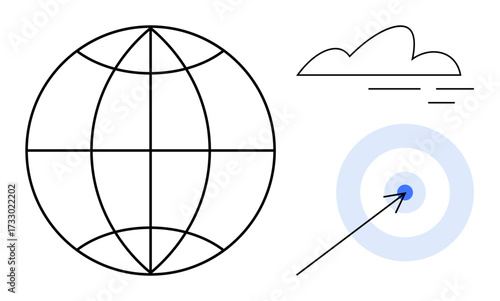 Globe with latitude and longitude lines, a cloud, and a bullseye target with an arrow. Ideal for digital strategy, global goals, cloud services, precision marketing, data exchange, connectivity
