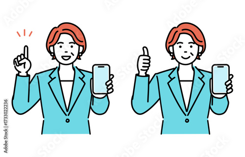 Simple illustration set of an adult businesswoman showing a smartphone screen