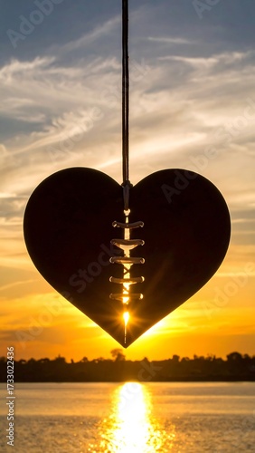 Silhouette heart at sunset over water