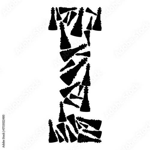 A large letter 'I' formed by a collection of black silhouettes of chess pawns arranged in a vertical formation.
