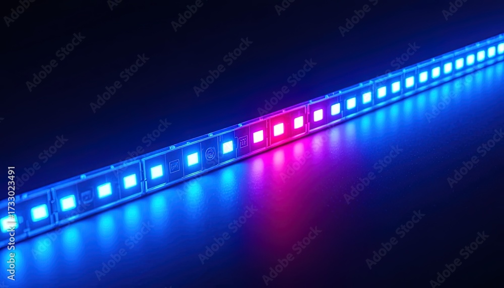 Obraz premium Vibrant LED strip lights glow with dynamic blue and pink hues, casting an ambient, modern atmosphere ideal for creative spaces.