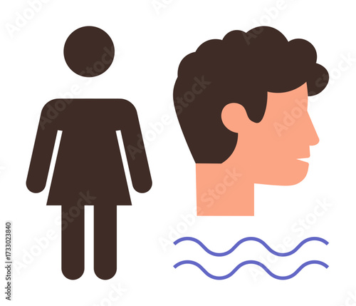 Female silhouette, male face profile, and curved wave patterns. Ideal for communication, gender studies, diversity, identity, community human connection and design concepts. A simple flat metaphor