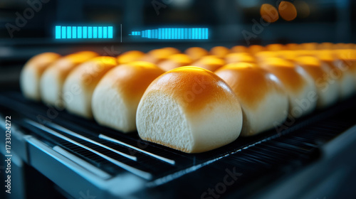 Bread factory, Golden rolls baking in a modern oven with digital display.