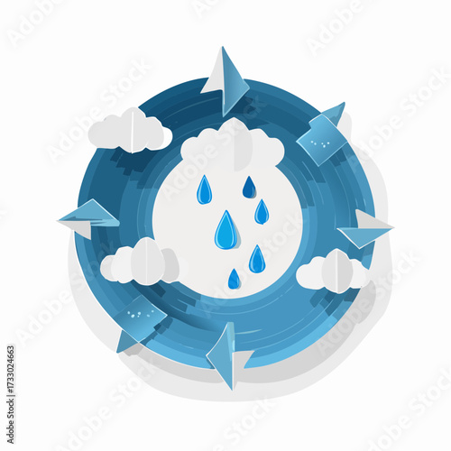 Blue Layered Circular Weather Graphic with Rain Clouds and Paper Airplanes on White