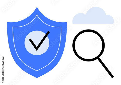 Blue shield with checkmark, magnifying glass, and cloud representing data security, cloud protection, and research. Ideal for cybersecurity, privacy, compliance, authorization encryption online