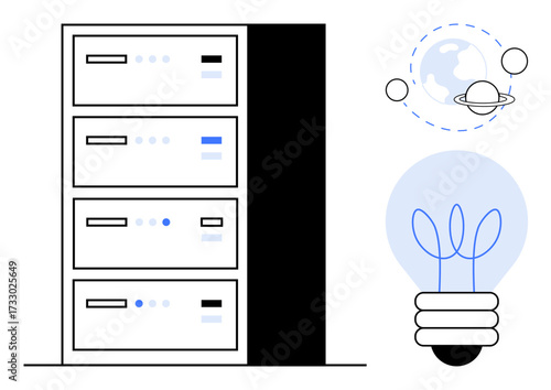 Data server racks alongside interconnected globe and bulb illustration symbolizing global connectivity, energy, and innovation. Ideal for technology, IT, cloud computing, networking, sustainability