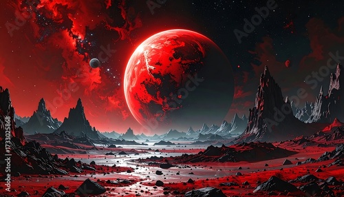 Red planet landscape with a blood moon