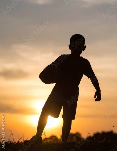Silhouette of a boy holding a ball at sunset