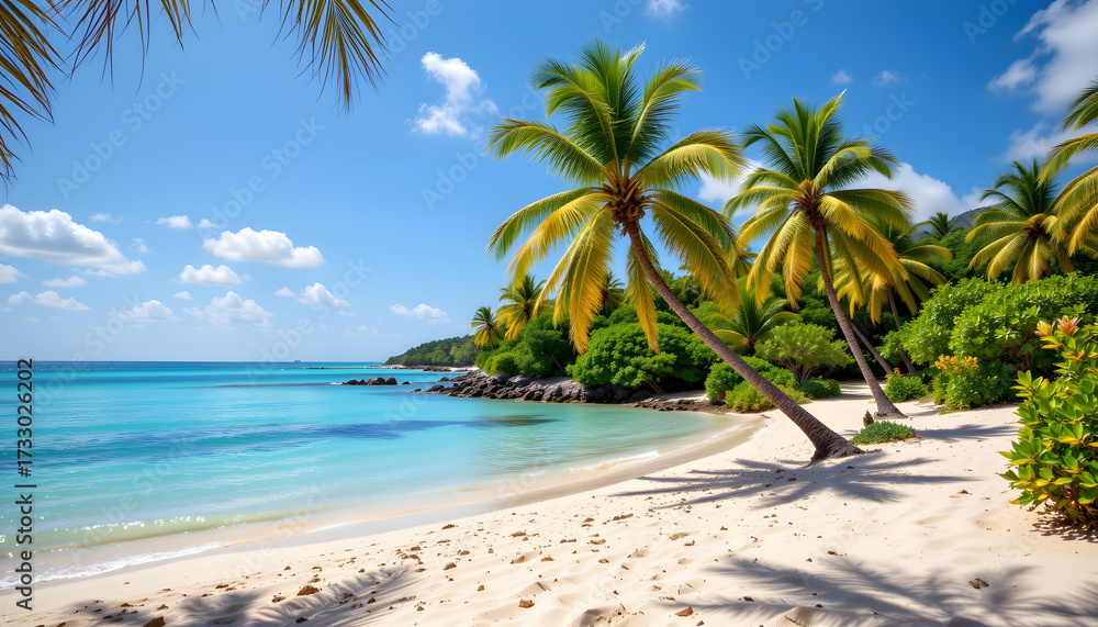 Fototapeta premium Tropical Lagoon with Palm Trees and Sandy Shore