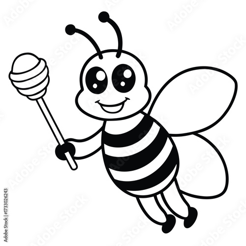 happy bee holding honey dipper vector illustration.eps