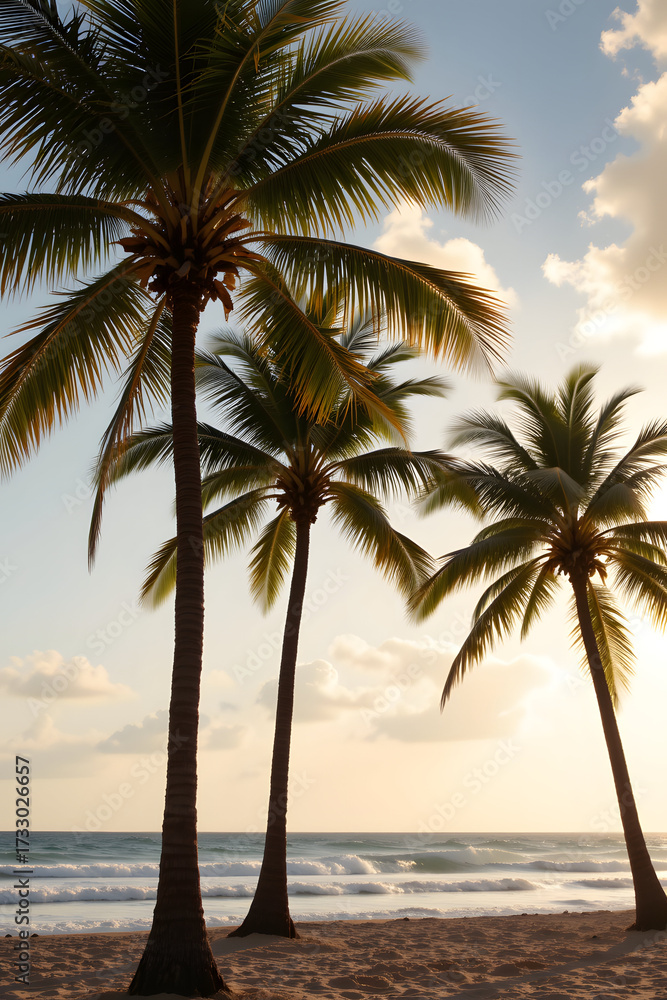 Obraz premium Golden Tropical Beach with Palm Trees and Shoreline Waves