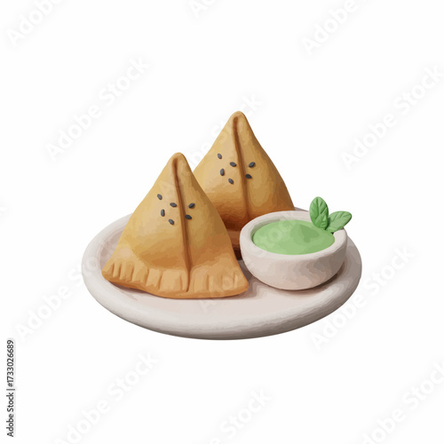 Crispy samosas with mint chutney delicious indian appetizer vector illustration