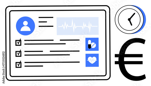 Tablet screen displaying medical profile, checklists, health data, and icons for medication, heart activity, clock, and euro. Ideal for health finance, digital healthcare time management insurance