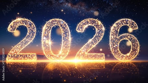 Shimmering 2026 Text Against a Stunning Night Sky With Reflective Water Surface