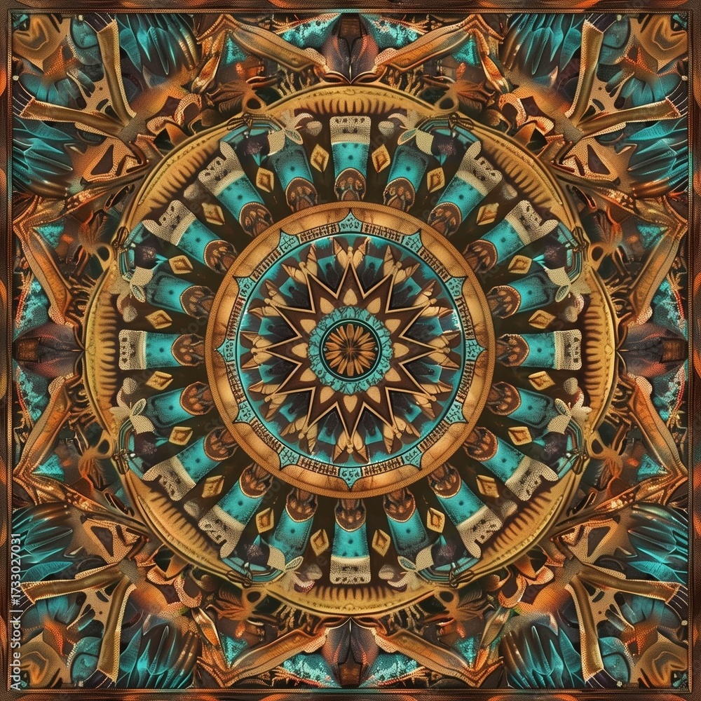 Obraz premium Indigenous-inspired abstract mandala art, earthy brown, turquoise, and ochre tones, high-resolution digital pattern background.