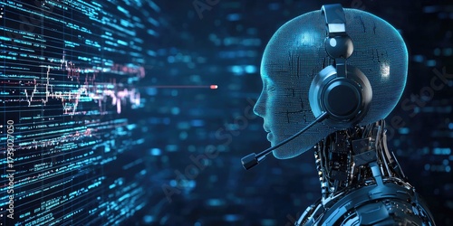 A humanoid robot with a headset and microphone, standing in front of a digital screen with data and charts, set against a dark blue and black background with a glowing light source.