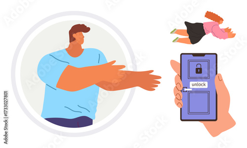 Hand holding a smartphone with an unlock button alongside abstract figures symbolizing protection and access. Ideal for technology, privacy, security, data, identity, access, modern lifestyle. Simple