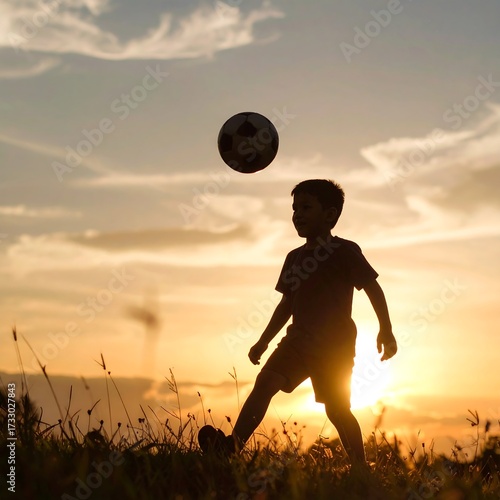 Silhouette of a child playing soccer at sunset