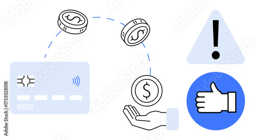 Hand receiving coins from credit card, exclamation warning sign, thumbs-up icon. Ideal for finance, safety tips, cashless payment, transaction security, digital wallet, fintech simple landing page